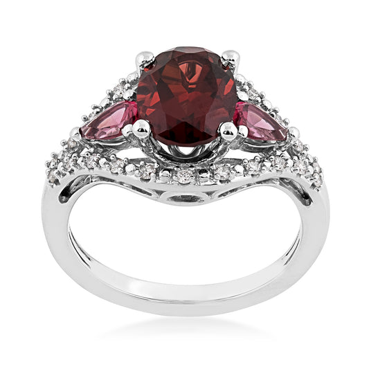 Oval Garnet, Pear Rhodolite Garnet & 1/7 ct. tw. Diamond Ring in 10K White Gold