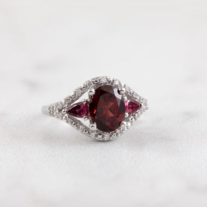 Oval Garnet, Pear Rhodolite Garnet & 1/7 ct. tw. Diamond Ring in 10K White Gold close-up detail