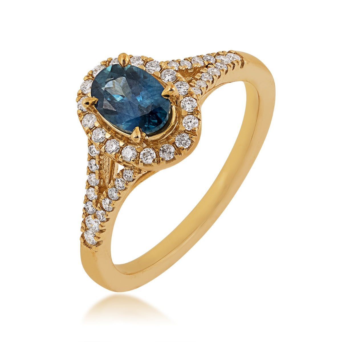 American Colors Oval Montana Sapphire & 1/4 ct. tw. Diamond Halo Split Shank Ring in 10K Yellow Gold front view