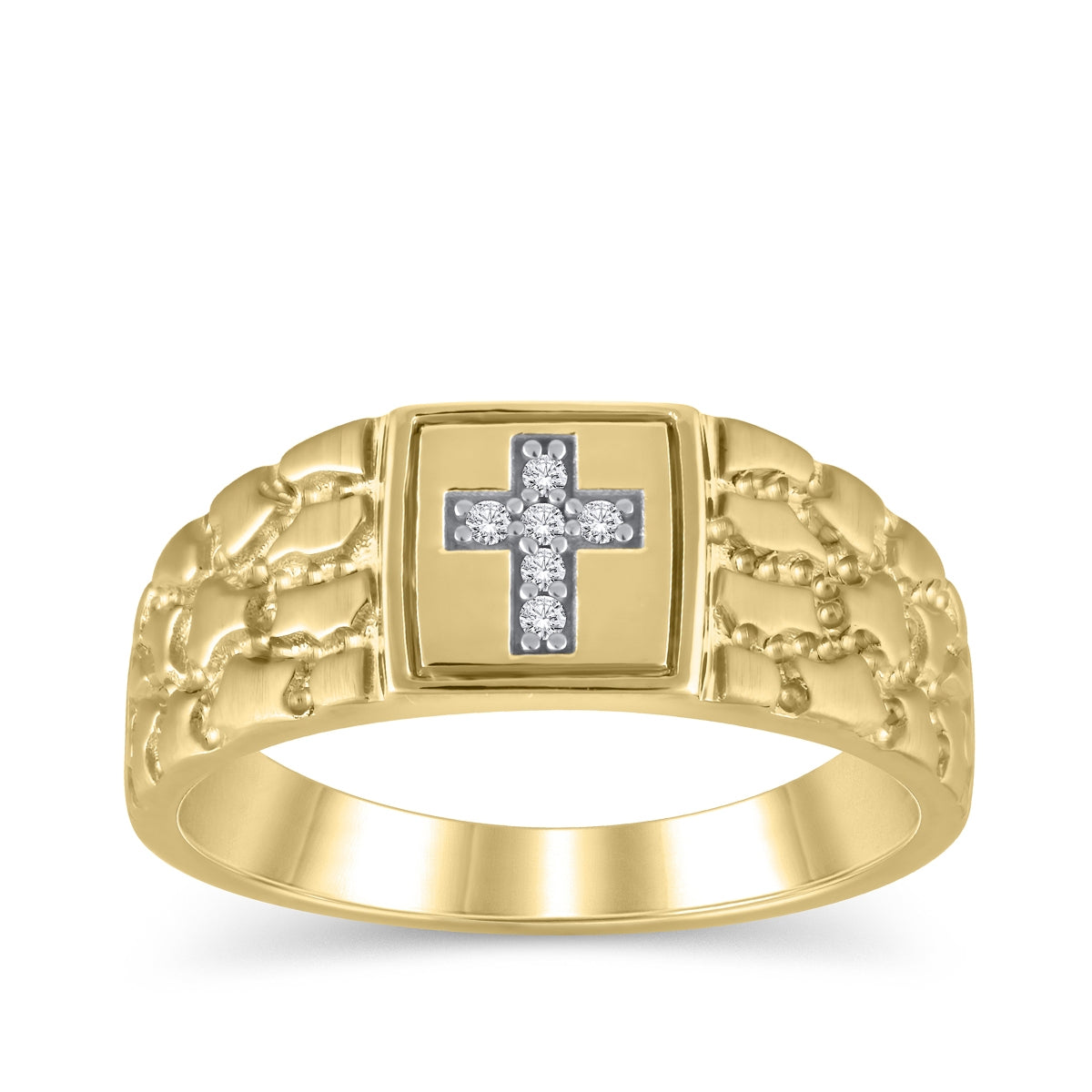 Men's Diamond Accent Cross Nugget Ring in 10K Yellow Gold