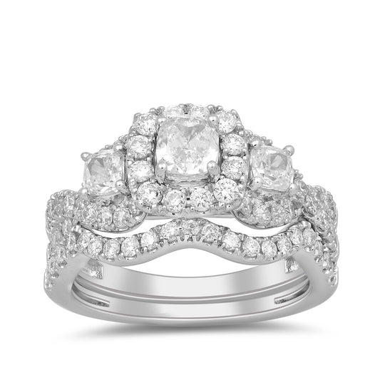 Adamante 2 ct. tw. Lab-Grown Cushion 3-Stone Diamond Halo Wedding Set in 14K White Gold