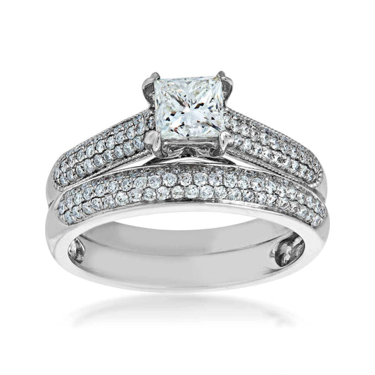 Timeless Collection 1-1/4 ct. tw. Princess Cut Wedding Set with Pave Bands in 14K White Gold
