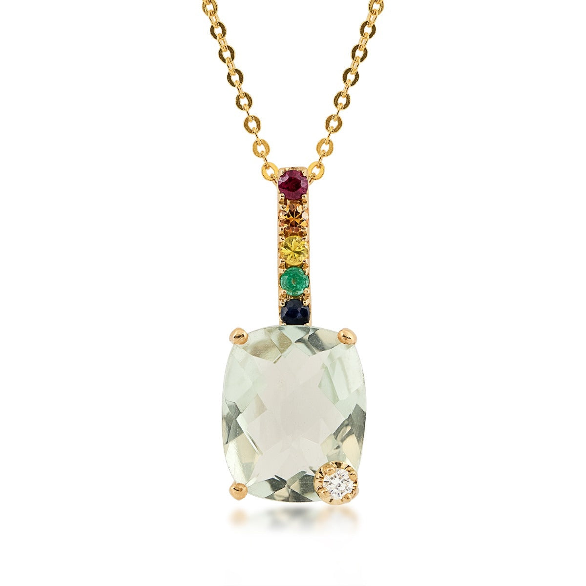 Cushion Green Amethyst, Multicolor Sapphire & Diamond Accent Pendant in 14K Yellow Gold