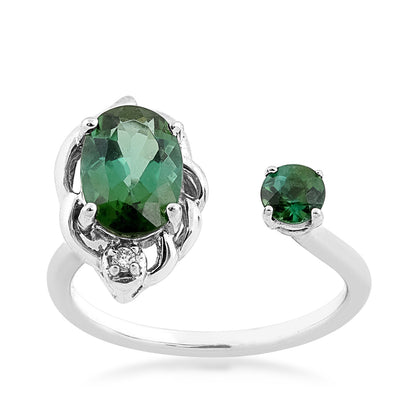 Oval & Round Green Tourmaline & Diamond Accent Open Ring in 14K White Gold