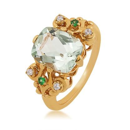 Cushion Green Amethyst, Tsavorite & Diamond Accent Ring in 14K Yellow Gold front view