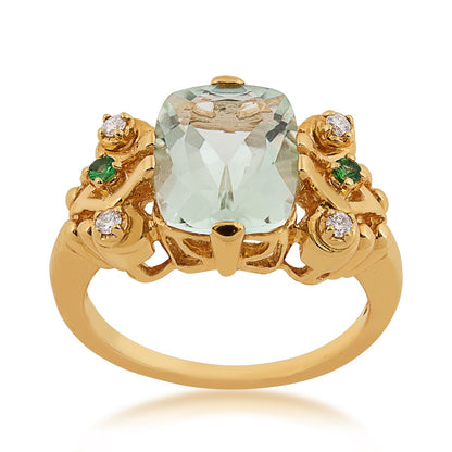 Cushion Green Amethyst, Tsavorite & Diamond Accent Ring in 14K Yellow Gold