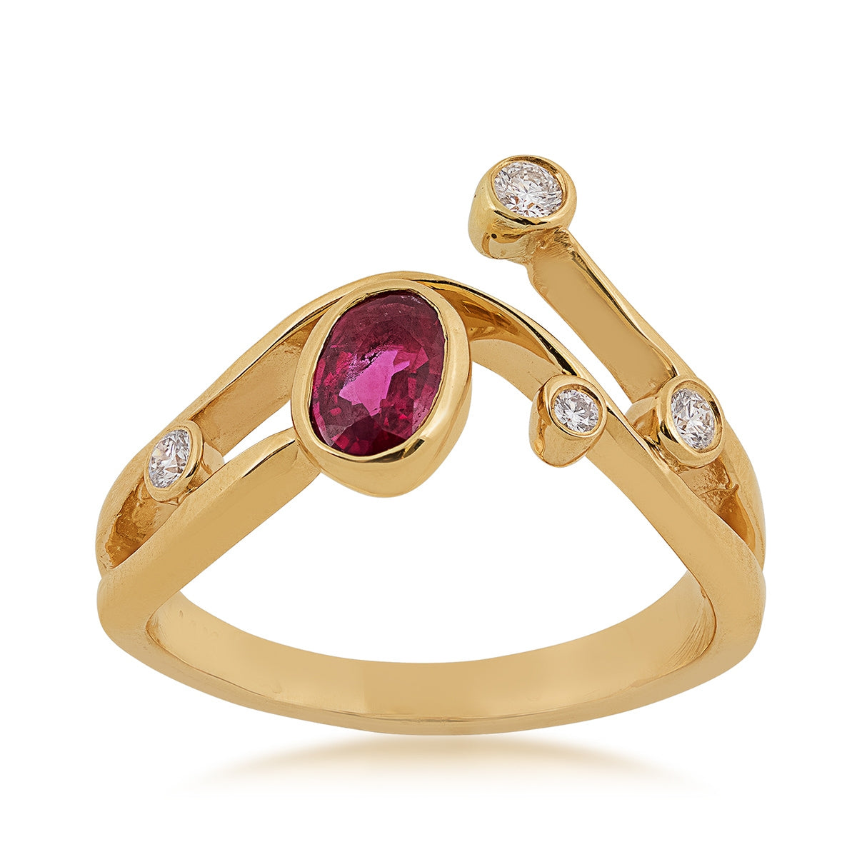 Oval Ruby & 1/10 ct. tw. Diamond Bezel Set Ring in 14K Yellow Gold