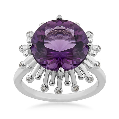 Round Amethyst & Diamond Accent Starburst Halo Ring in 14K White Gold