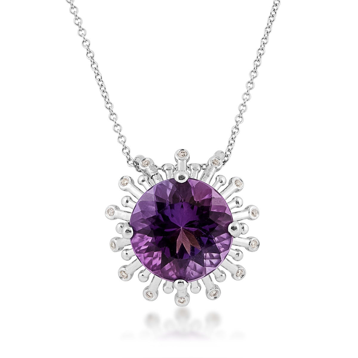 Round Amethyst & Diamond Accent Starburst Halo Pendant in 14K White Gold