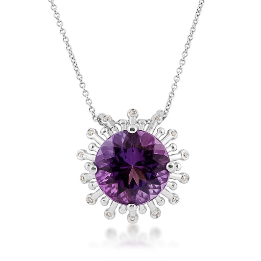 Round Amethyst & Diamond Accent Starburst Halo Pendant in 14K White Gold