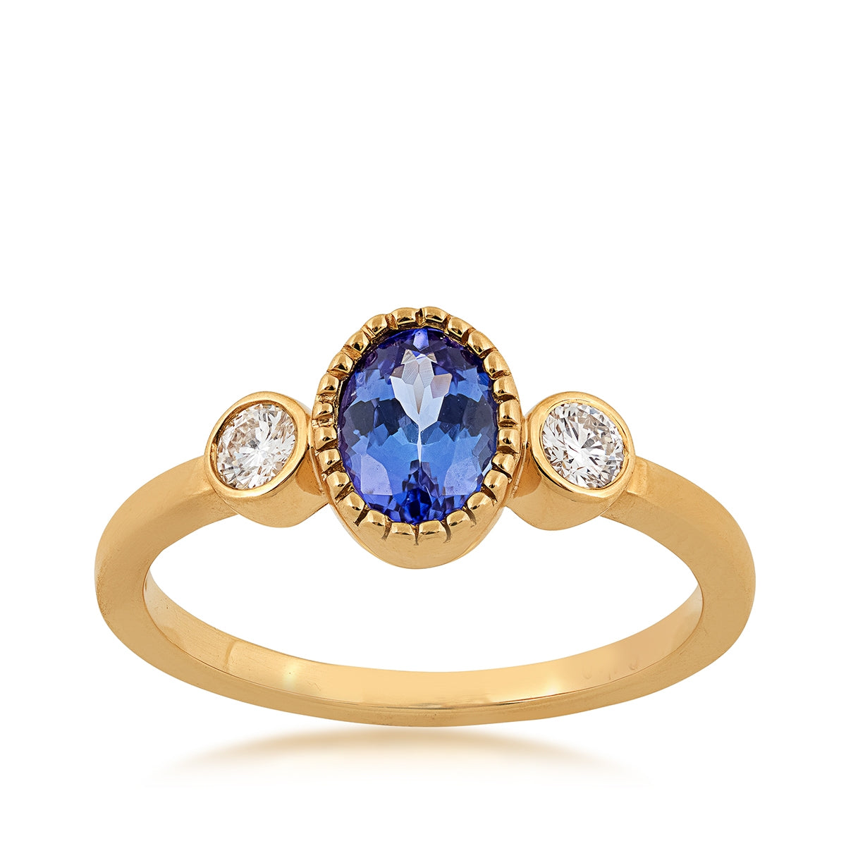 Oval Tanzanite & 1/6 ct. tw. Diamond Ring with Milgrain Halo in 14K Yellow Gold
