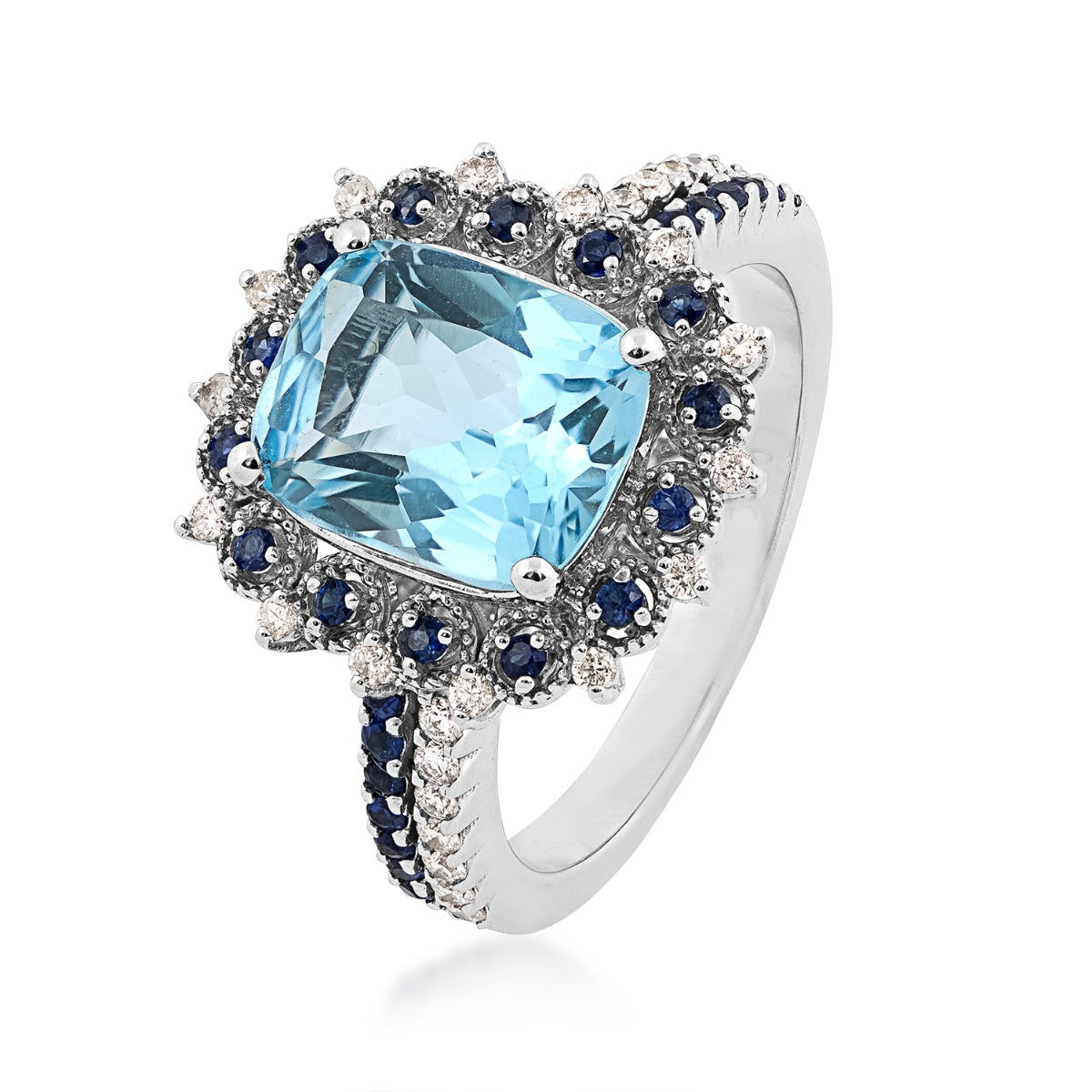 Cushion Swiss Blue Topaz, Sapphire & 1/5 ct. tw. Diamond Milgrain Halo Ring in 14K White Gold front view