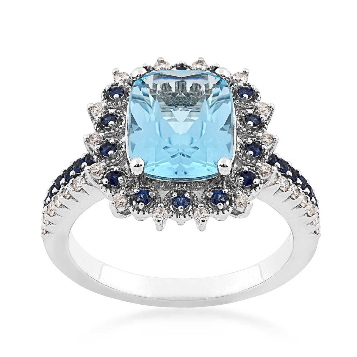 Cushion Swiss Blue Topaz, Sapphire & 1/5 ct. tw. Diamond Milgrain Halo Ring in 14K White Gold
