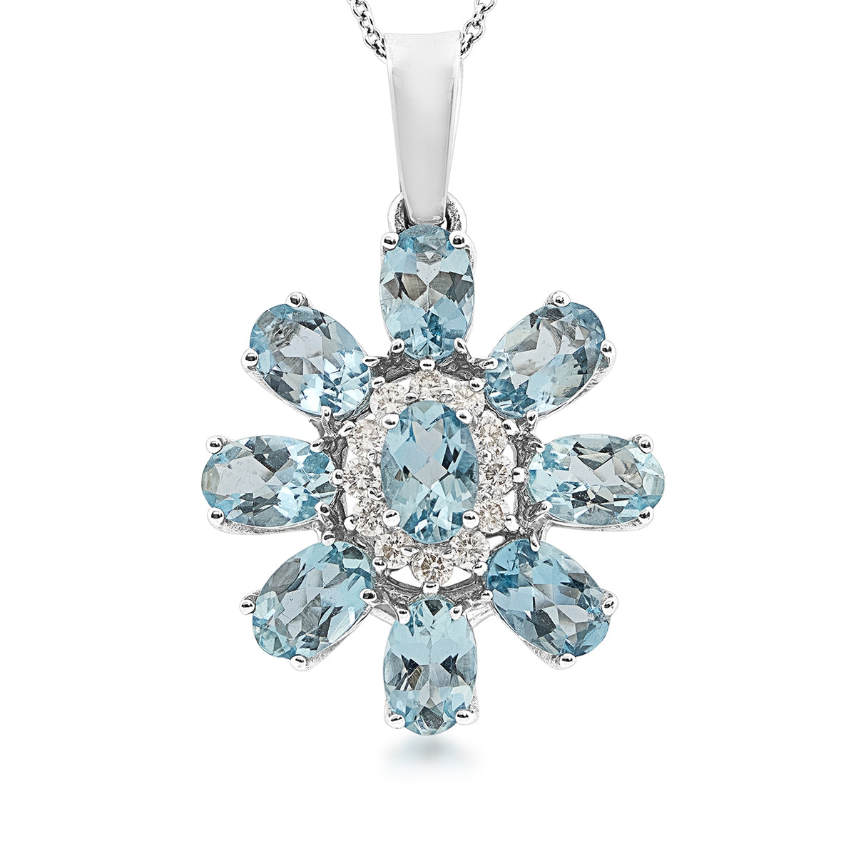 Oval Aquamarine & 1/4 ct. tw. Diamond Floral Pendant in 14K White Gold