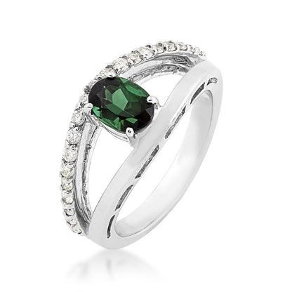 Oval Green Tourmaline & 3/8 ct. tw. Diamond Split Shank Ring in 14K White Gold front view