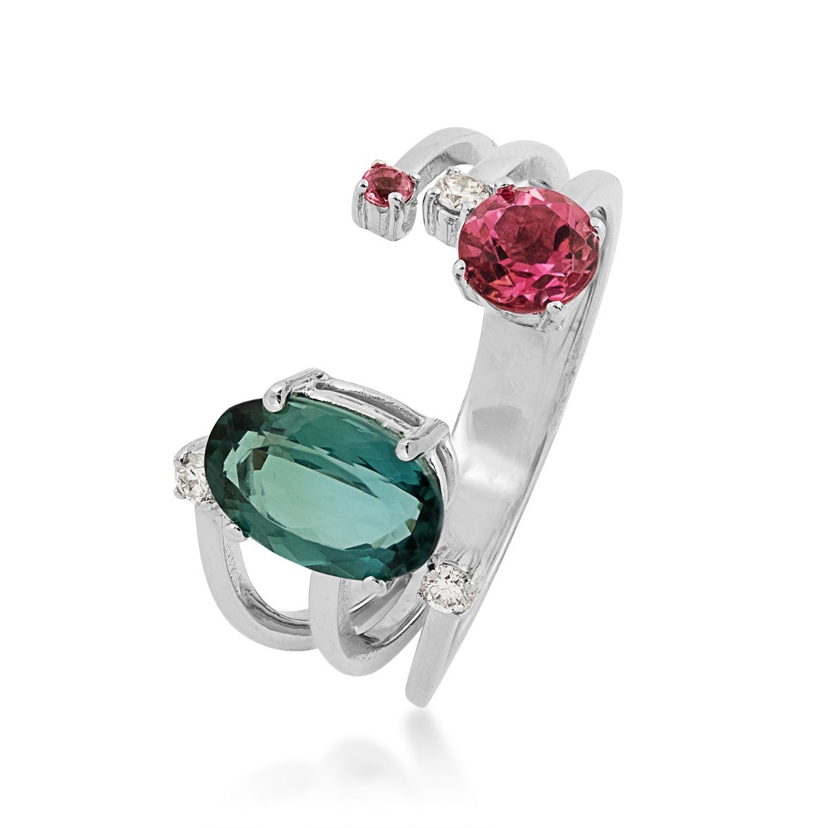Oval Green Tourmaline, Pink Tourmaline & 1/10 ct. tw. Diamond Open Ring in 14K White Gold front view