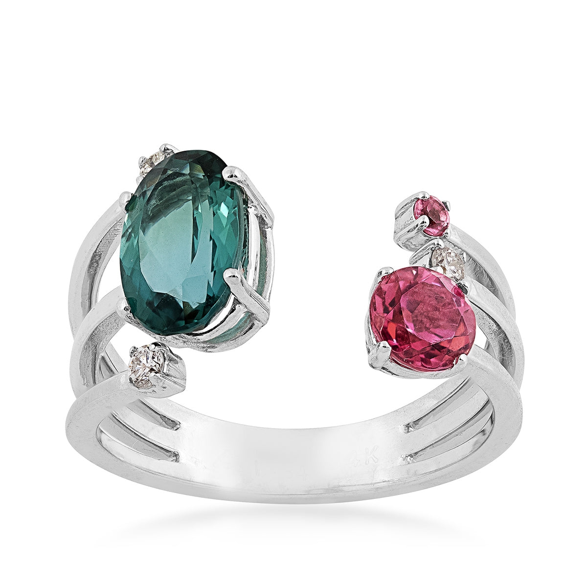 Oval Green Tourmaline, Pink Tourmaline & 1/10 ct. tw. Diamond Open Ring in 14K White Gold