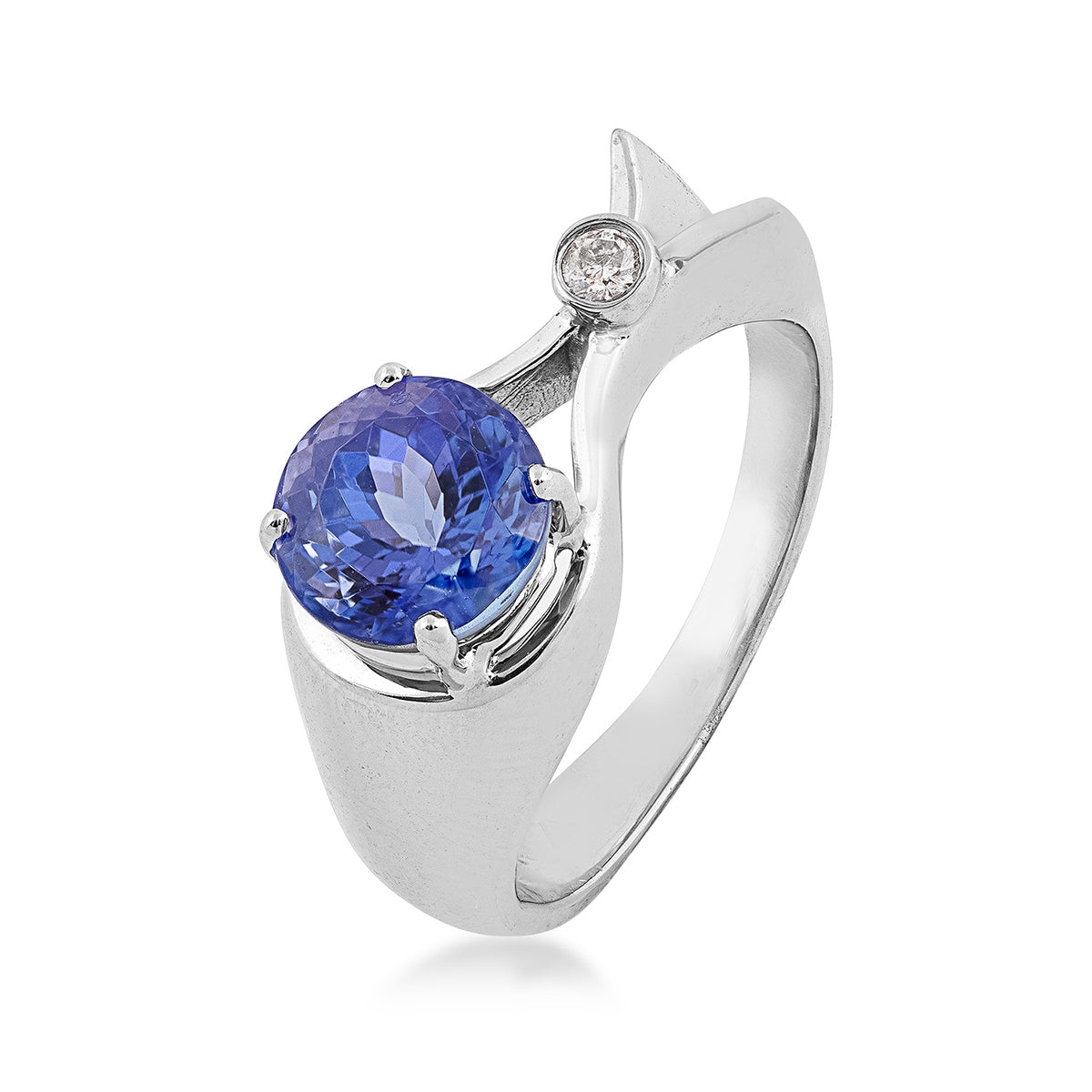 Round Tanzanite & Bezel Set Diamond Accent Asymmetrical Ring in 14K White Gold front view
