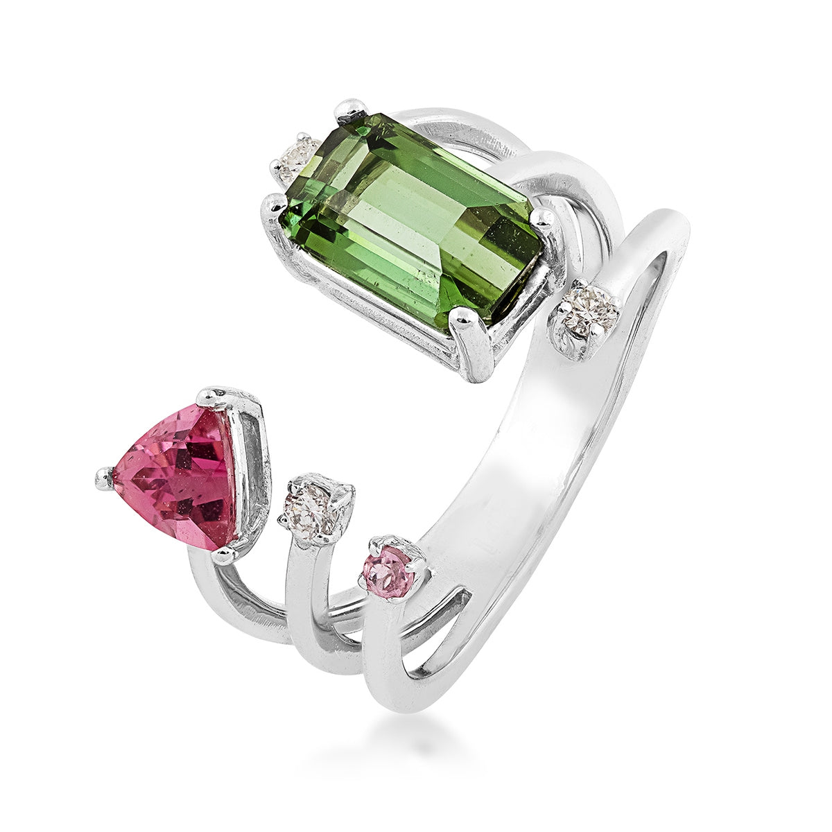 Emerald Cut Green Tourmaline, Pink Tourmaline & 1/8 ct. tw. Diamond Open Ring in 14K White Gold front view