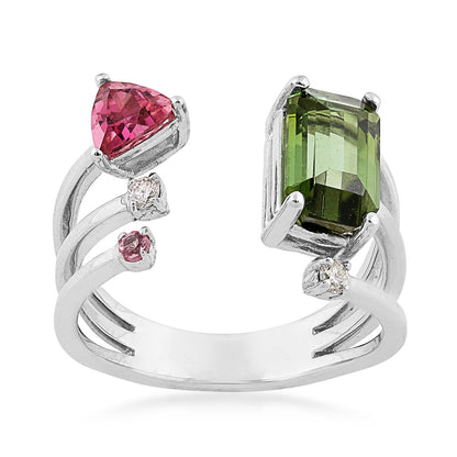 Emerald Cut Green Tourmaline, Pink Tourmaline & 1/8 ct. tw. Diamond Open Ring in 14K White Gold