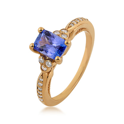 Cushion Tanzanite & 1/7 ct. tw. Diamond Ring in 14K Yellow Gold front view