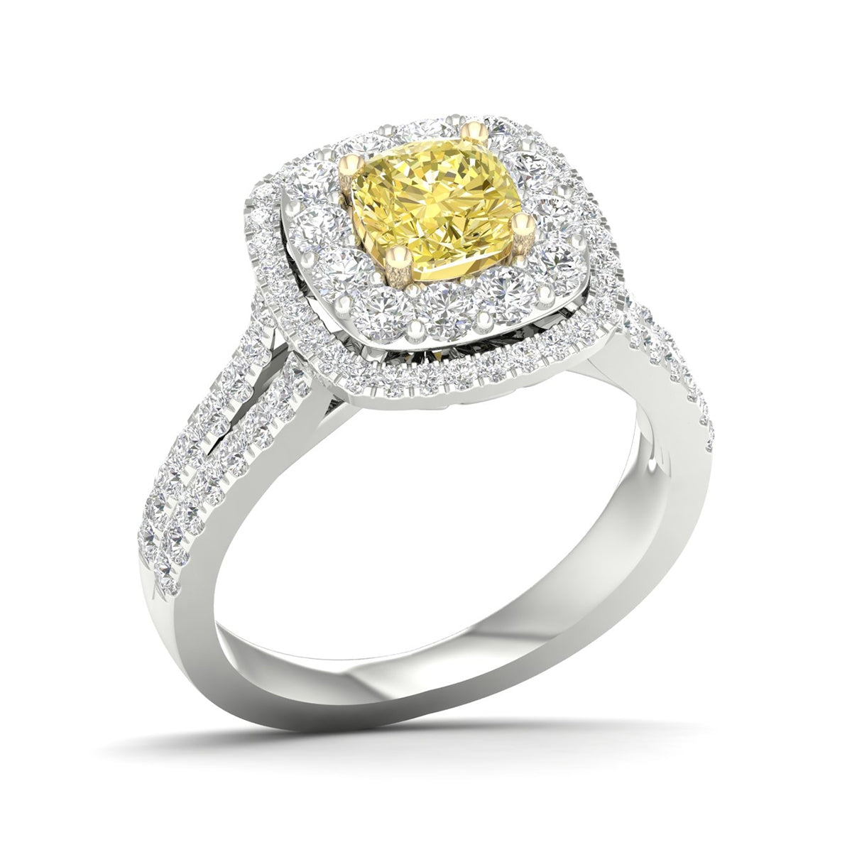 Adamante 2 ct. tw. Lab-Grown Cushion Yellow & White Diamond Halo Split Shank Engagement Ring in 14K White & Yellow front view