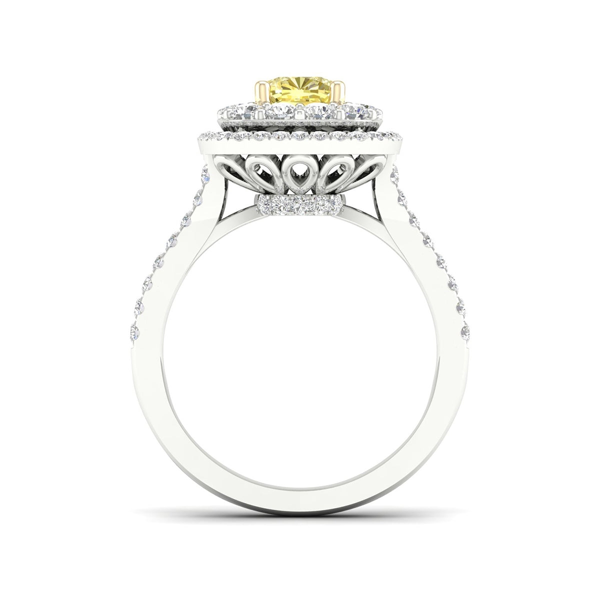 Adamante 2 ct. tw. Lab-Grown Cushion Yellow & White Diamond Halo Split Shank Engagement Ring in 14K White close-up detail