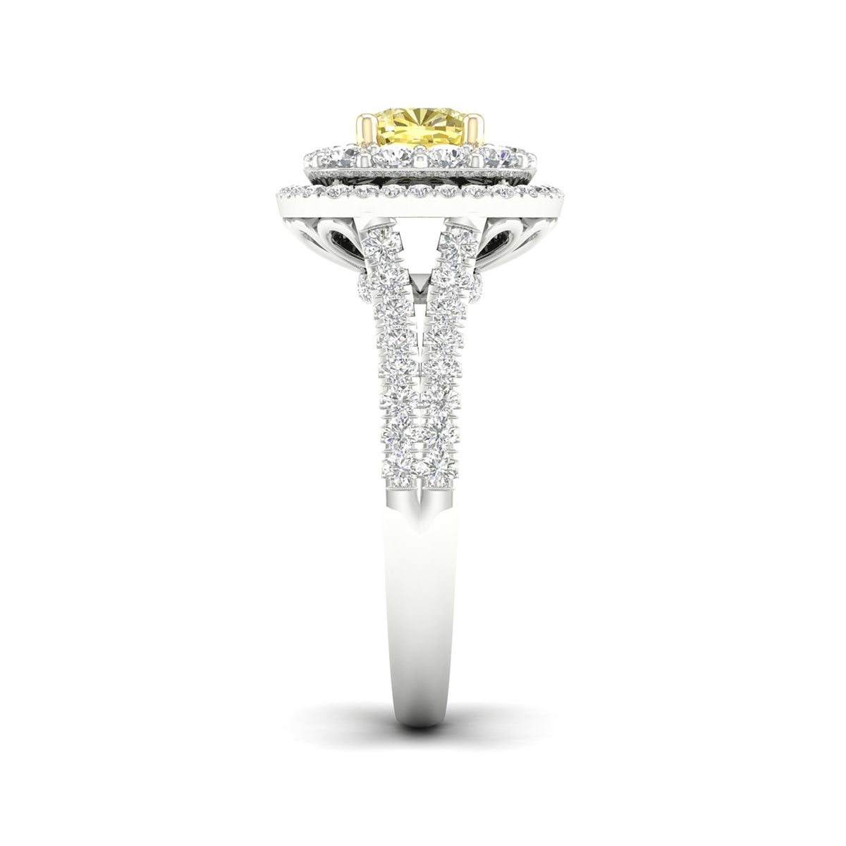 Adamante 2 ct. tw. Lab-Grown Cushion Yellow & White Diamond Halo Split Shank Engagement Ring in 14K White side profile