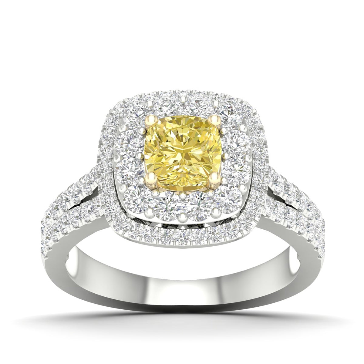 Adamante 2 ct. tw. Lab-Grown Cushion Yellow & White Diamond Halo Split Shank Engagement Ring in 14K White & Yellow Gold