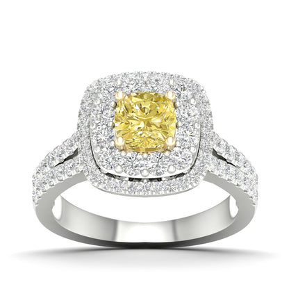 Adamante 2 ct. tw. Lab-Grown Cushion Yellow & White Diamond Halo Split Shank Engagement Ring in 14K White & Yellow Gold
