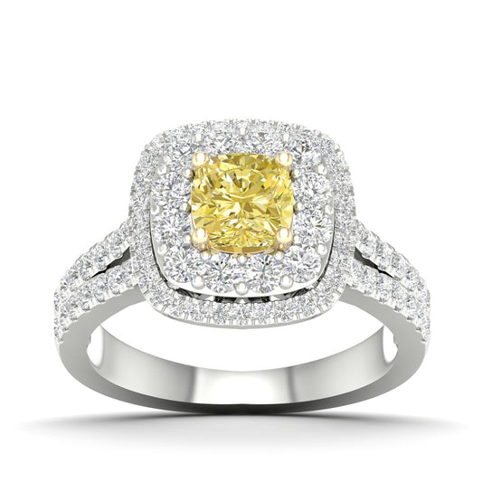 Adamante 2 ct. tw. Lab-Grown Cushion Yellow & White Diamond Halo Split Shank Engagement Ring in 14K White & Yellow Gold