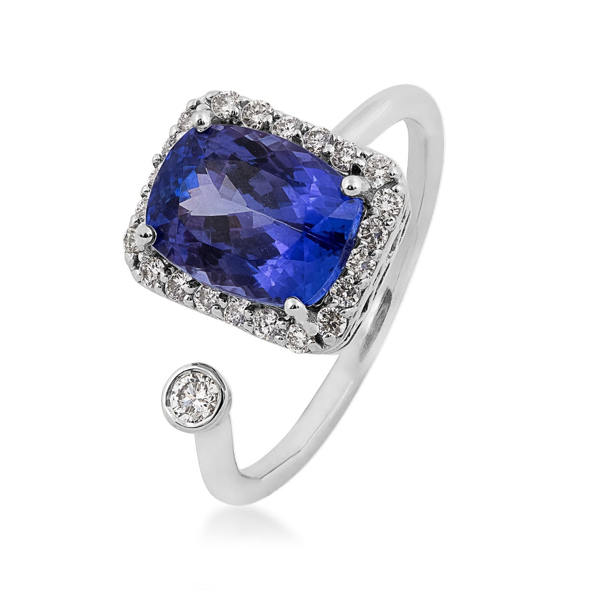 Cushion Tanzanite & 1/4 ct. tw. Diamond Halo Open Ring in 14K White Gold front view