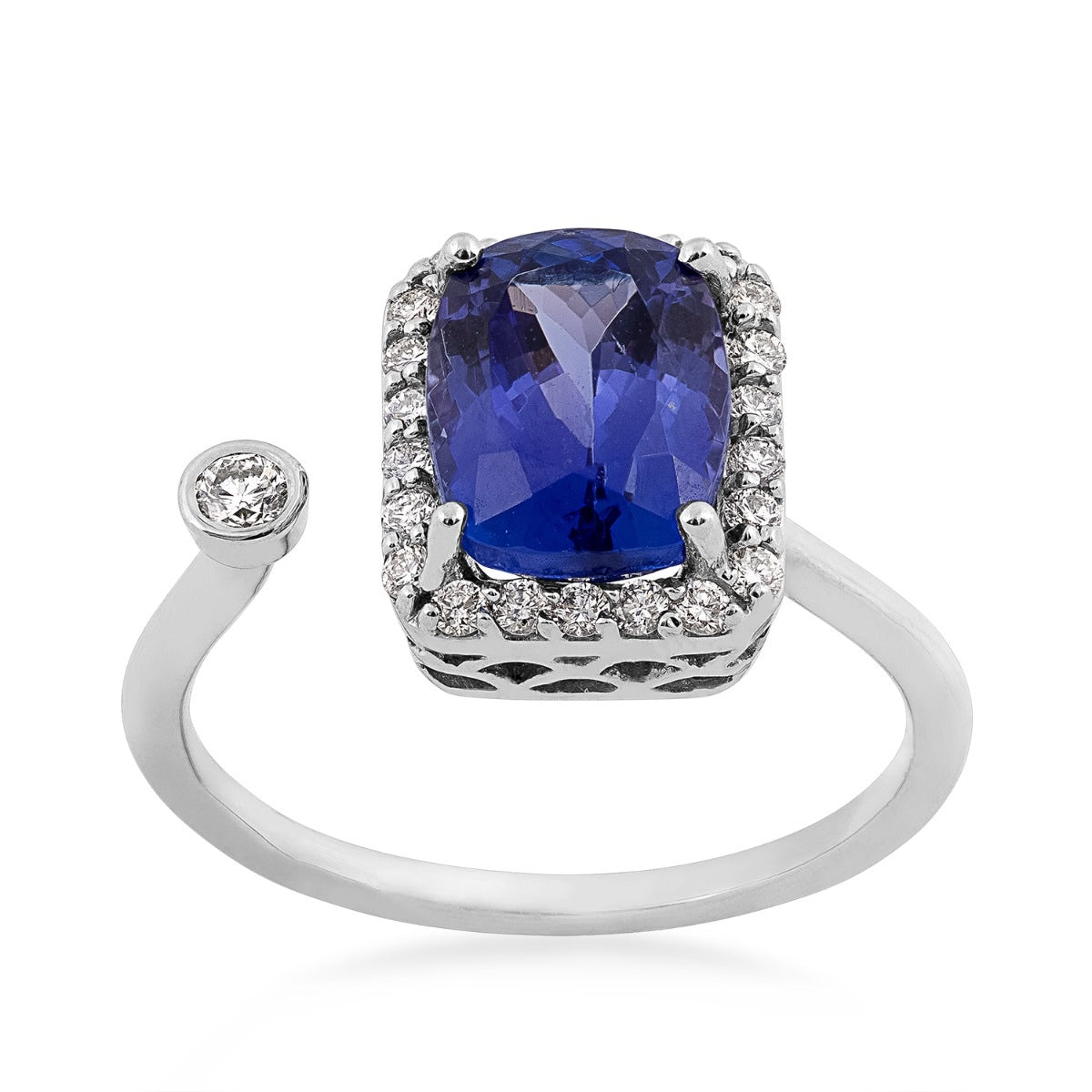 Cushion Tanzanite & 1/4 ct. tw. Diamond Halo Open Ring in 14K White Gold