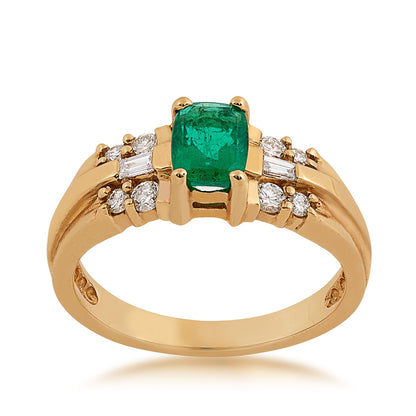 Cushion Emerald & 1/4 ct. tw. Round & Baguette Diamond Ring in 14K Yellow Gold