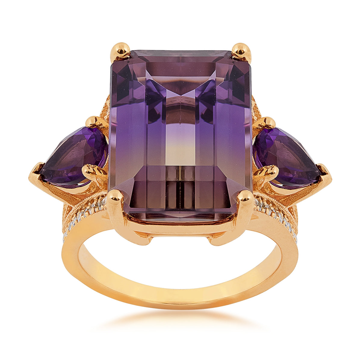 Emerald Cut Ametrine, Pear Amethyst & 3/8 ct. tw. Diamond Milgrain Ring in 14K Yellow Gold