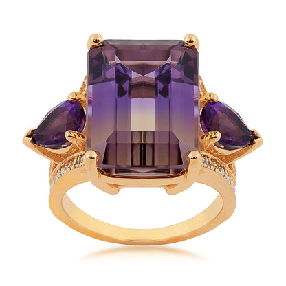 Emerald Cut Ametrine, Pear Amethyst & 3/8 ct. tw. Diamond Milgrain Ring in 14K Yellow Gold