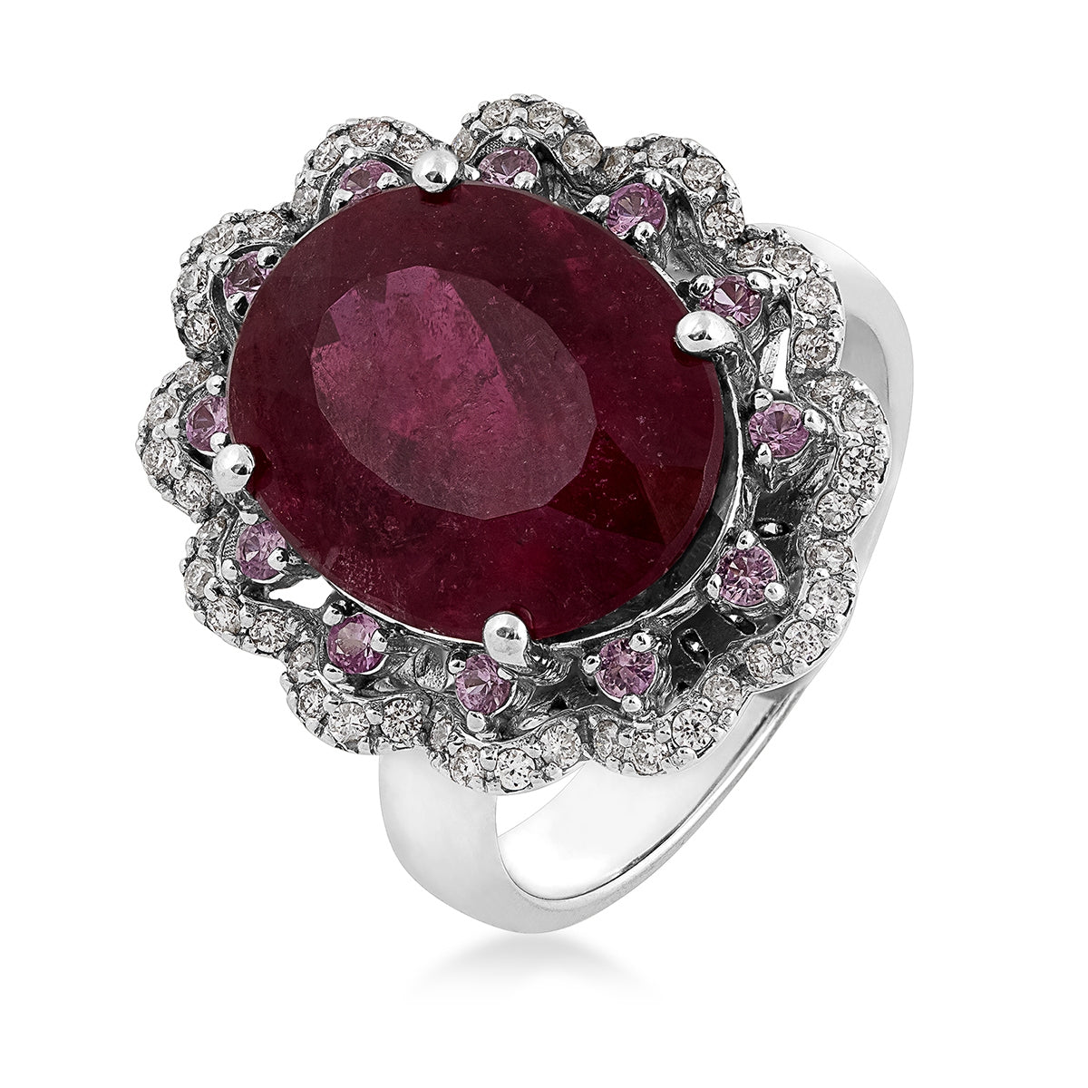 Oval Rubellite, Pink Sapphire & 1/4 ct. tw. Diamond Scalloped Halo Ring in 14K White Gold front view