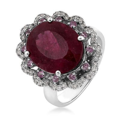 Oval Rubellite, Pink Sapphire & 1/4 ct. tw. Diamond Scalloped Halo Ring in 14K White Gold front view