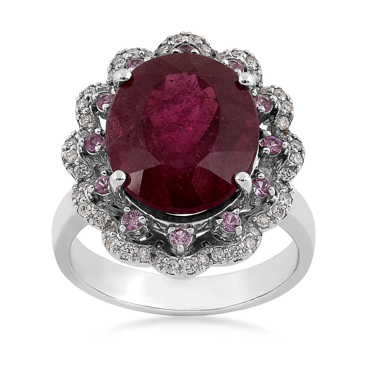 Oval Rubellite, Pink Sapphire & 1/4 ct. tw. Diamond Scalloped Halo Ring in 14K White Gold