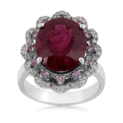 Oval Rubellite, Pink Sapphire & 1/4 ct. tw. Diamond Scalloped Halo Ring in 14K White Gold