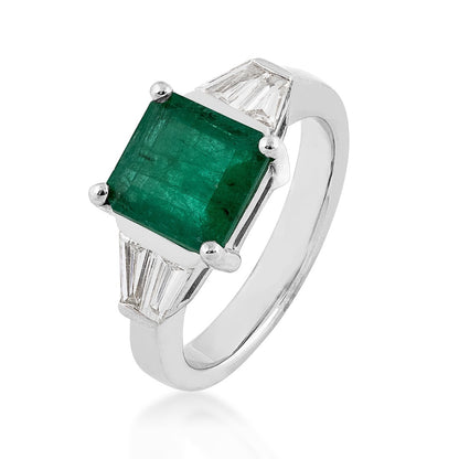 Square Emerald & 1/2 ct. tw. Baguette Diamond Ring in 14K White Gold front view
