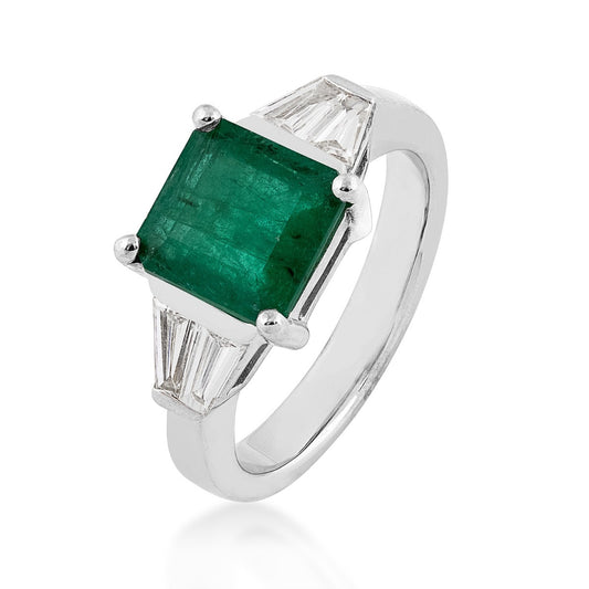 Square Emerald & 1/2 ct. tw. Baguette Diamond Ring in 14K White Gold front view