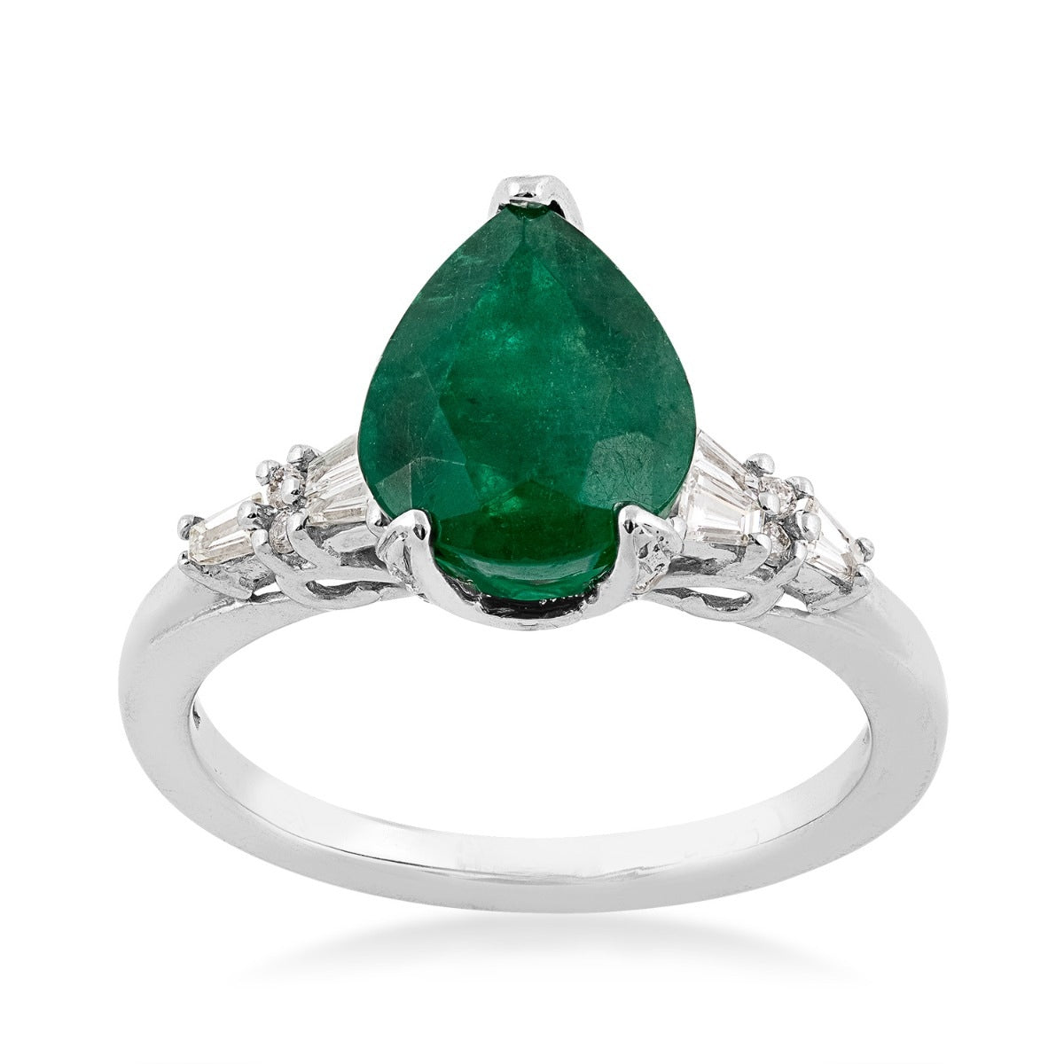 Pear Emerald & 1/3 ct. tw. Baguette Diamond Ring in 14K White Gold