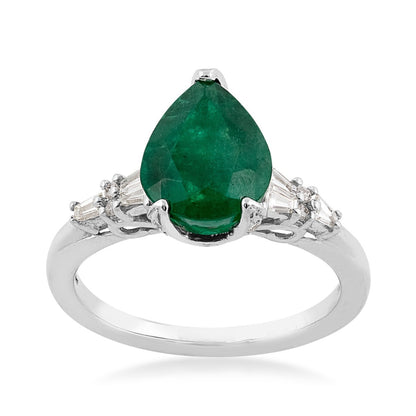 Pear Emerald & 1/3 ct. tw. Baguette Diamond Ring in 14K White Gold