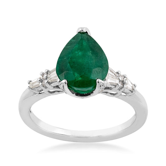 Pear Emerald & 1/3 ct. tw. Baguette Diamond Ring in 14K White Gold
