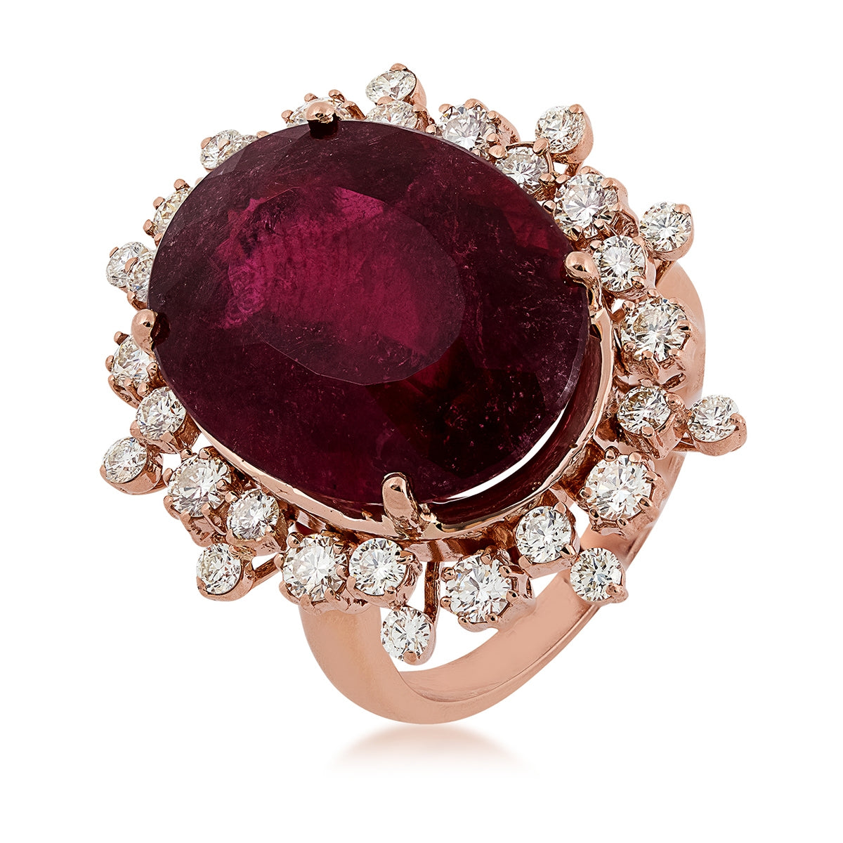 Oval Rubellite & 1-1/3 ct. tw. Diamond Starburst Halo Ring in 14K Pink Gold front view