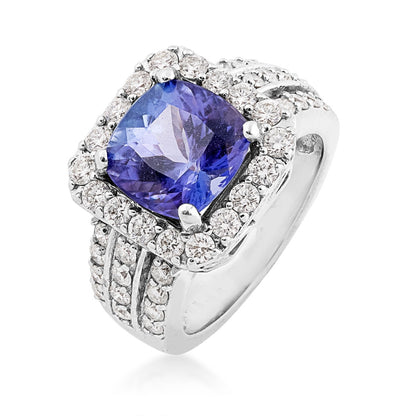 Cushion Tanzanite & 1-1/10 ct. tw. Diamond Halo Ring in 18K White Gold front view