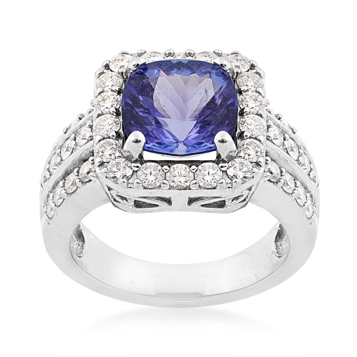 Cushion Tanzanite & 1-1/10 ct. tw. Diamond Halo Ring in 18K White Gold