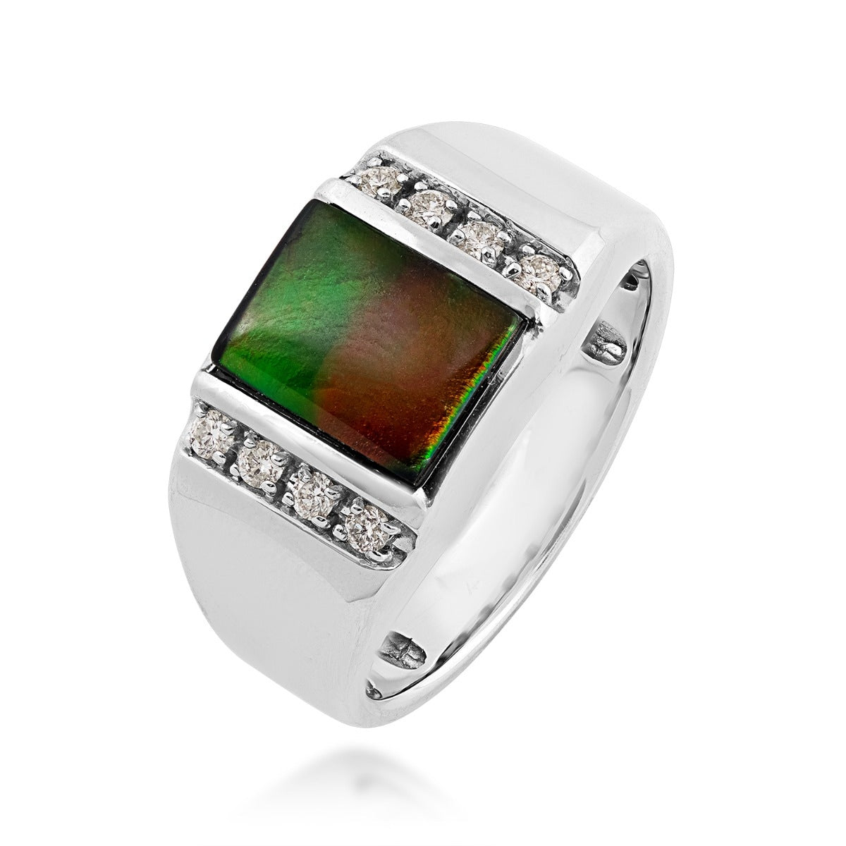 Men's Rectangle Ammolite & 1/5 ct. tw. Diamond Ring in 14K White Gold front view