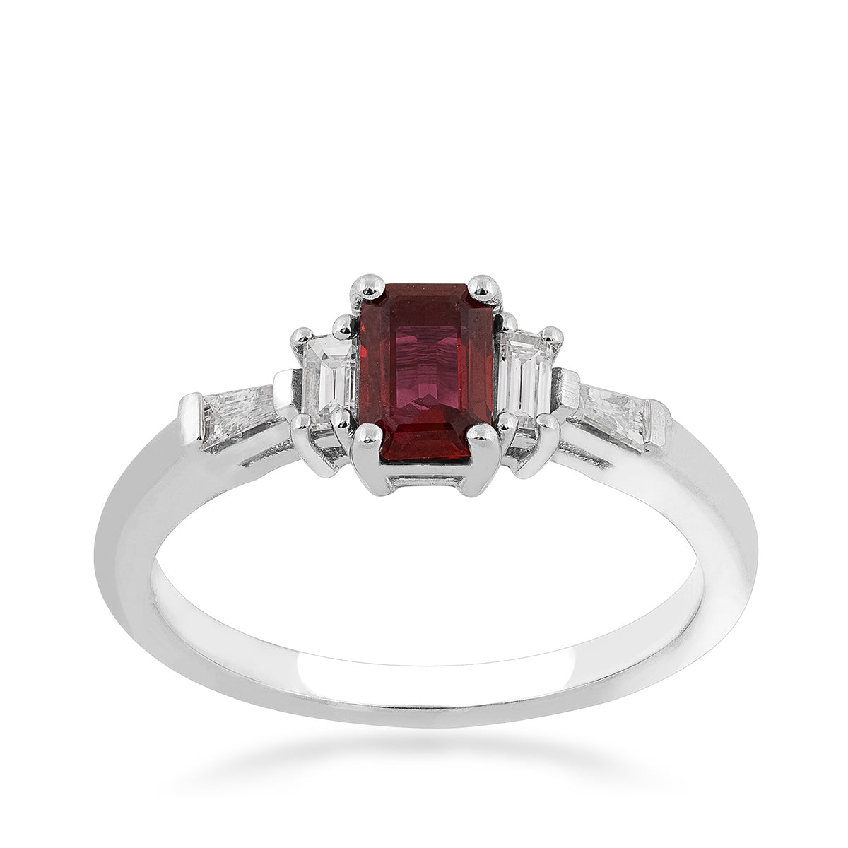 Emerald Cut Ruby & 1/4 ct. tw. Baguette Diamond Ring in 14K White Gold